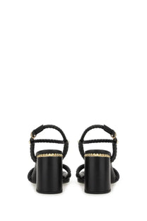 Ash women’s pump lola bis black featuring black braided leather sandals with gold-tone metallic heel accents back view