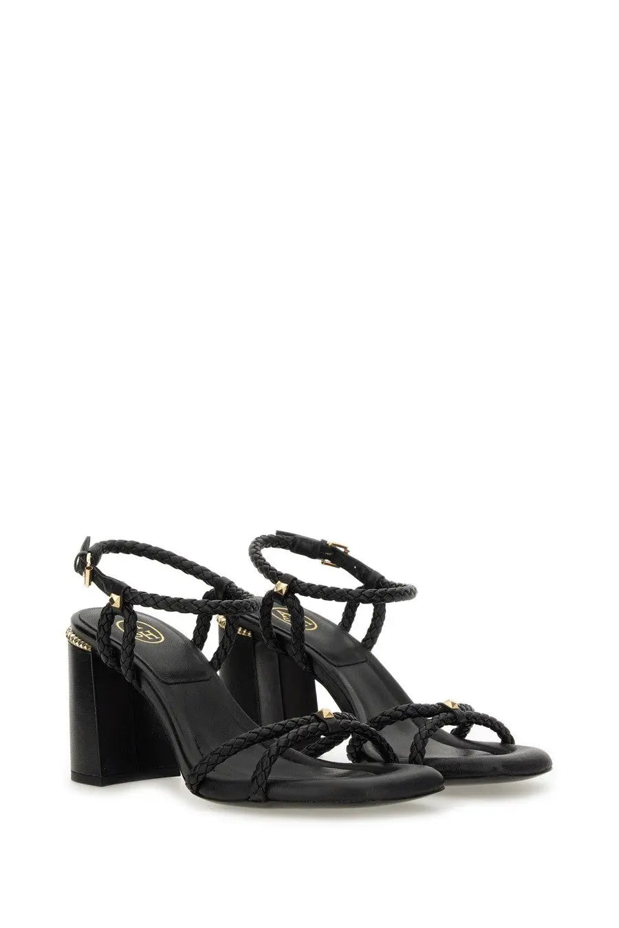 Ash women’s pump Lola Bis black braided leather sandals with gold-tone hardware and block heel for stylish wear