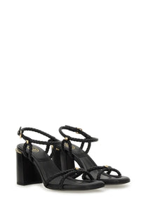 Ash women’s pump Lola Bis black braided leather sandals with gold-tone hardware and block heel for stylish wear