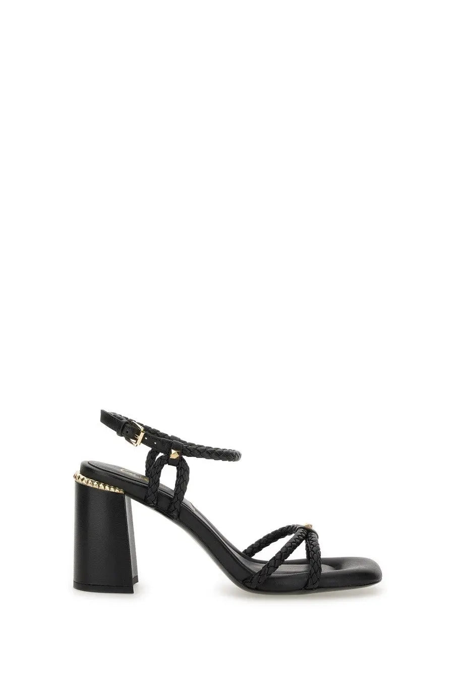 Ash women’s pump lola bis black back view showing black leather sandals with braided straps and gold-tone chain heel detail