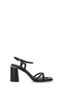 Ash women’s pump lola bis black back view showing black leather sandals with braided straps and gold-tone chain heel detail