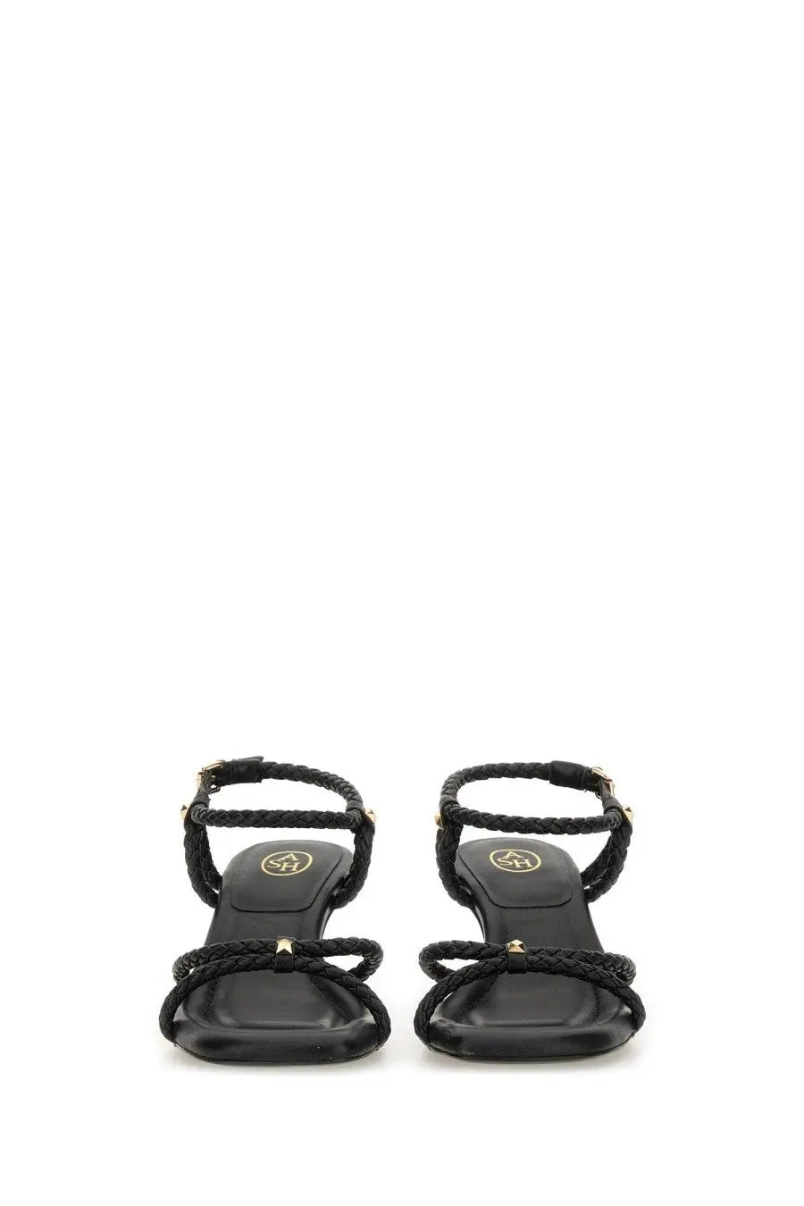 Ash women’s sandal Jess Bis black braided leather with gold-tone hardware and square heel shown from the back side