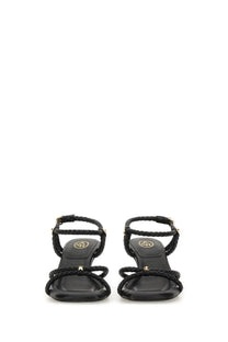 Ash women’s sandal Jess Bis black braided leather with gold-tone hardware and square heel shown from the back side