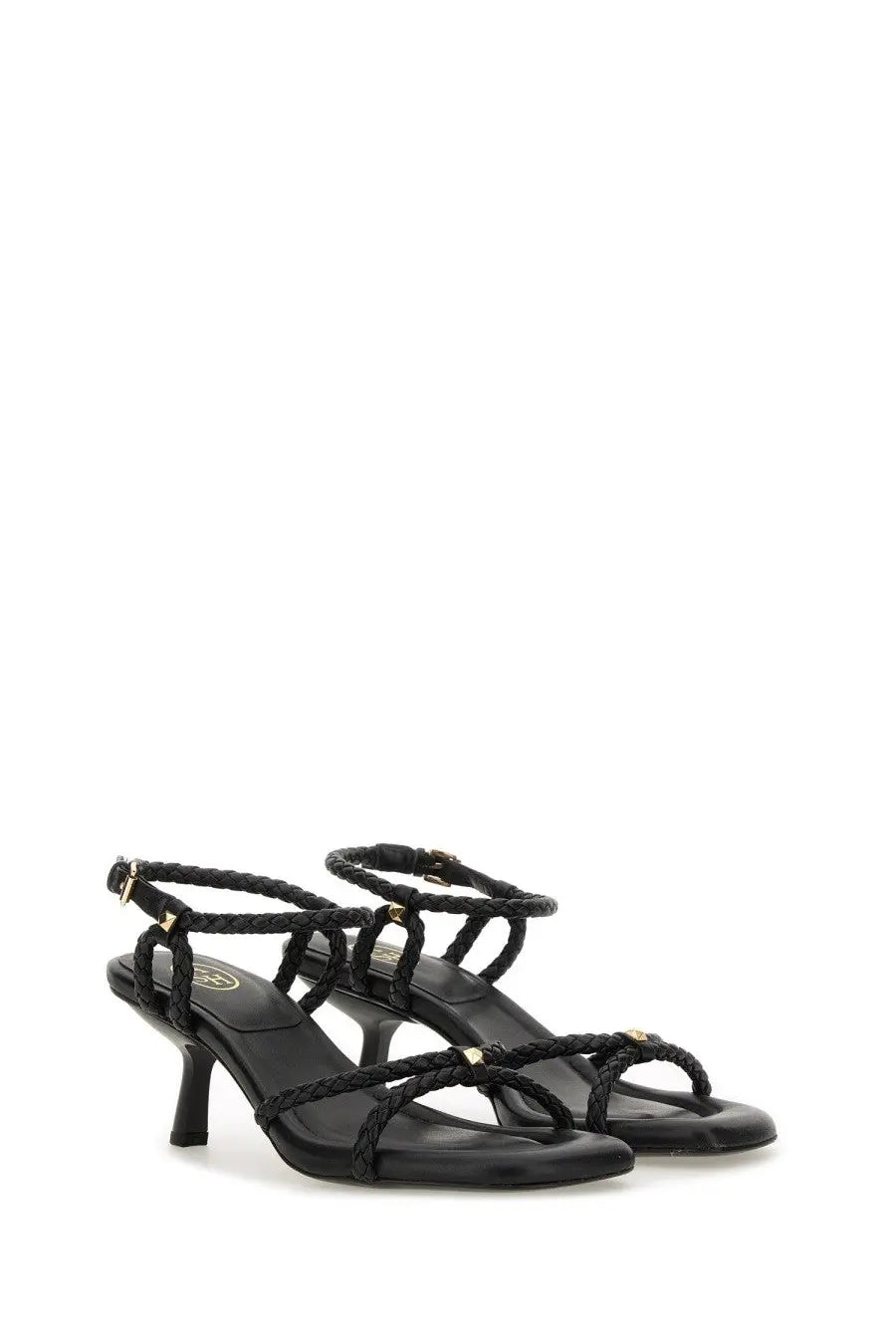 Ash women’s sandal jess bis black braided leather sandals with gold-tone hardware and slender heel