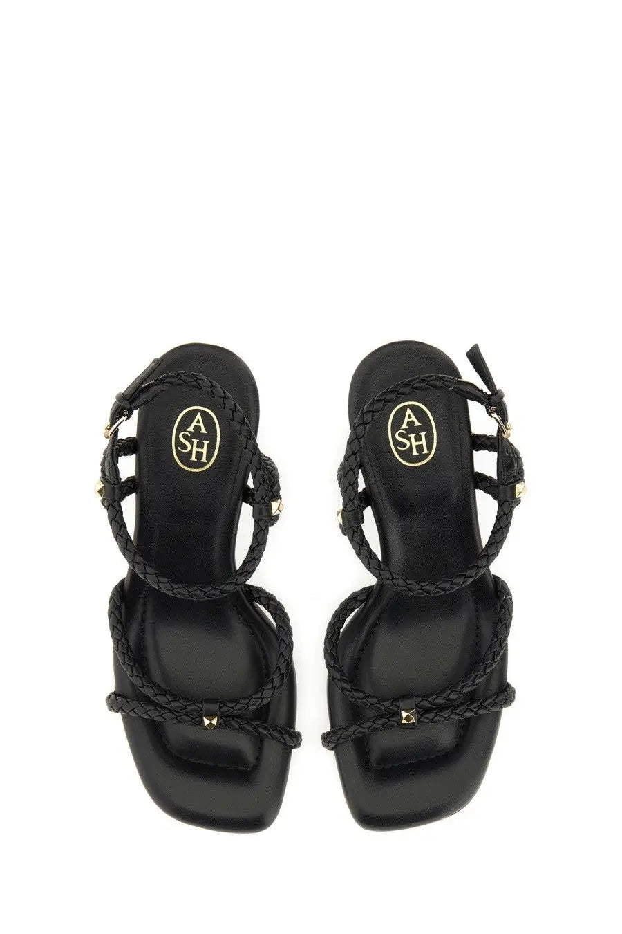 Ash women’s sandal jess bis black braided leather with gold-tone metal accents and square heel