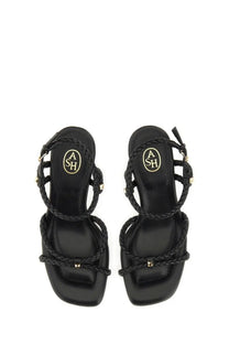 Ash women’s sandal jess bis black braided leather with gold-tone metal accents and square heel