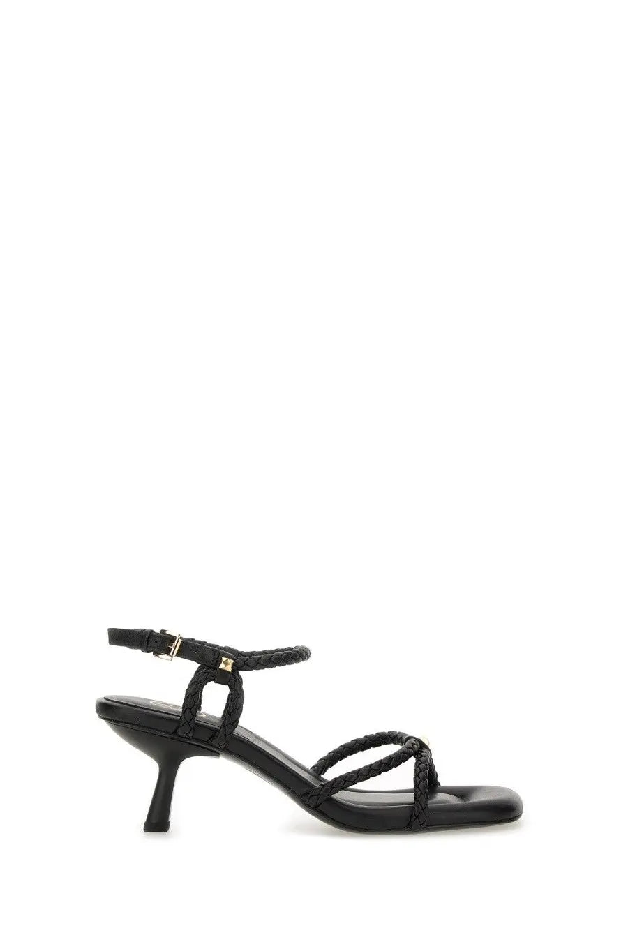 Black braided leather strappy sandal with slender heel and gold-tone buckle from ash womens jess bis collection