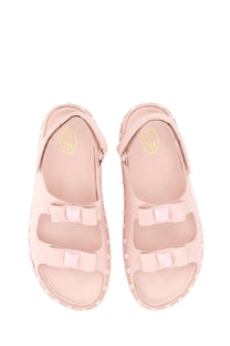 Pink rubber ash women’s sandals ursula blue with three bow details on each foot front view