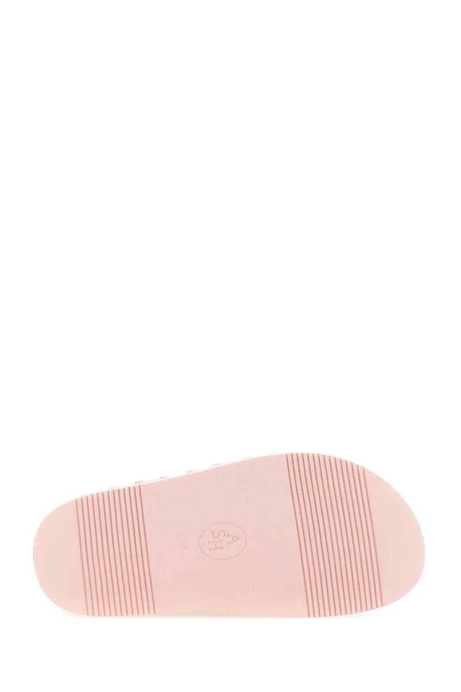 Pink rubber sole with subtle texture and embossed logo on the back of ash womens sandal ursula blue