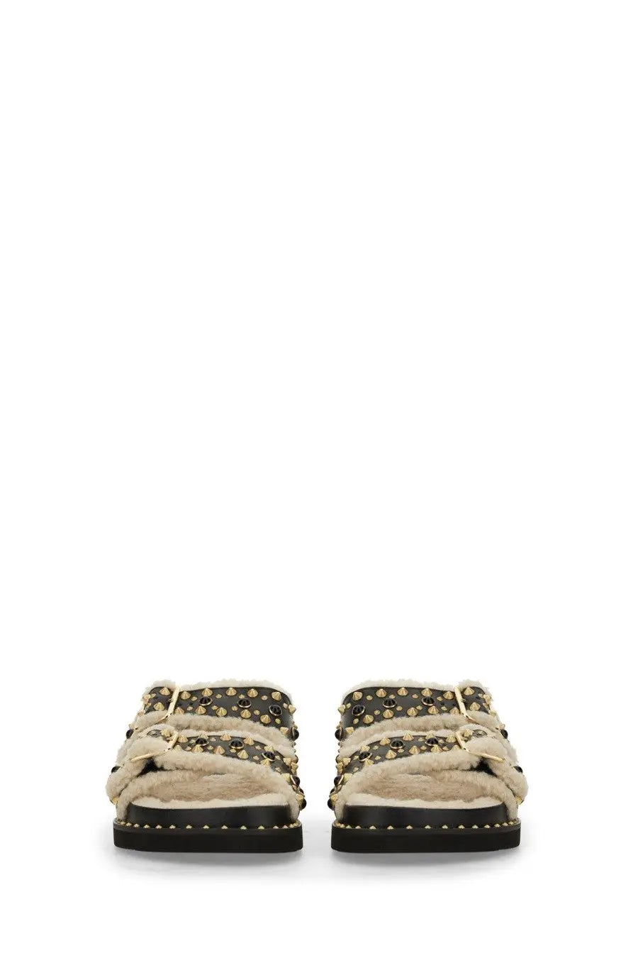 Ash women’s sandal Utah Bis black studded black and beige shearling slide sandals with gold-tone hardware
