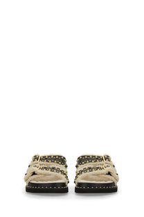 Ash women’s sandal Utah Bis black studded black and beige shearling slide sandals with gold-tone hardware