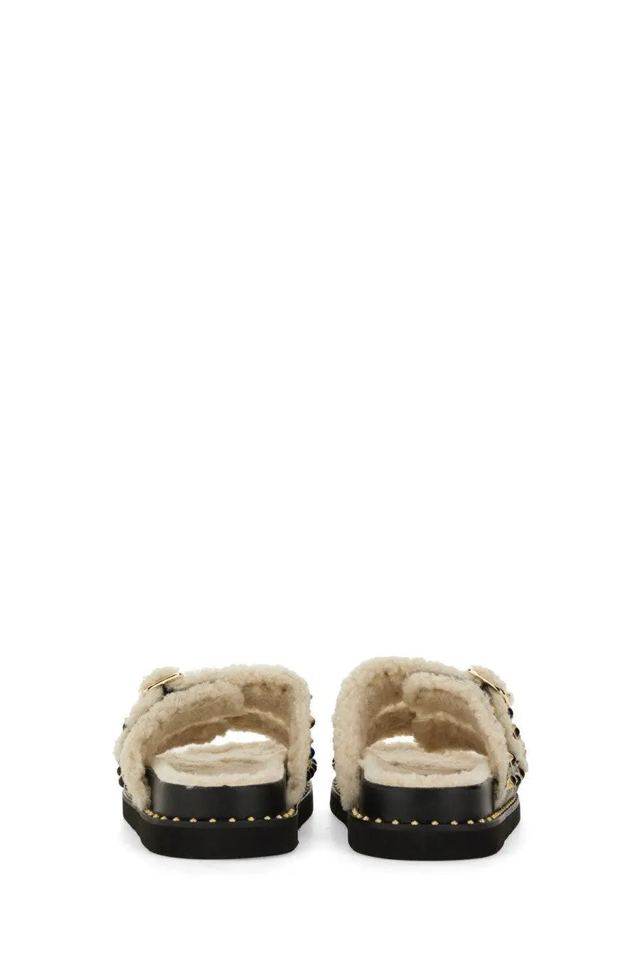 Ash women’s sandal utah bis black cream shearling-lined slide sandals with black rubber soles and gold-tone studs
