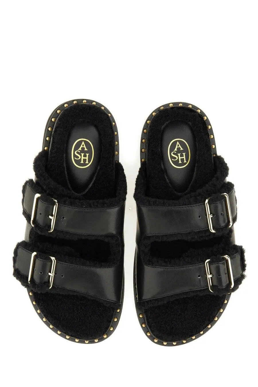 Ash women’s sandal Utah Bis black black leather slide sandals with two adjustable straps silver buckles and shearling lining