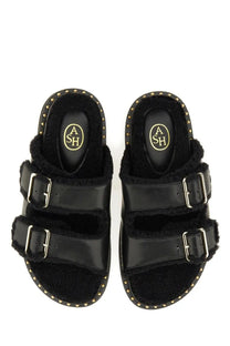 Ash women’s sandal Utah Bis black black leather slide sandals with two adjustable straps silver buckles and shearling lining