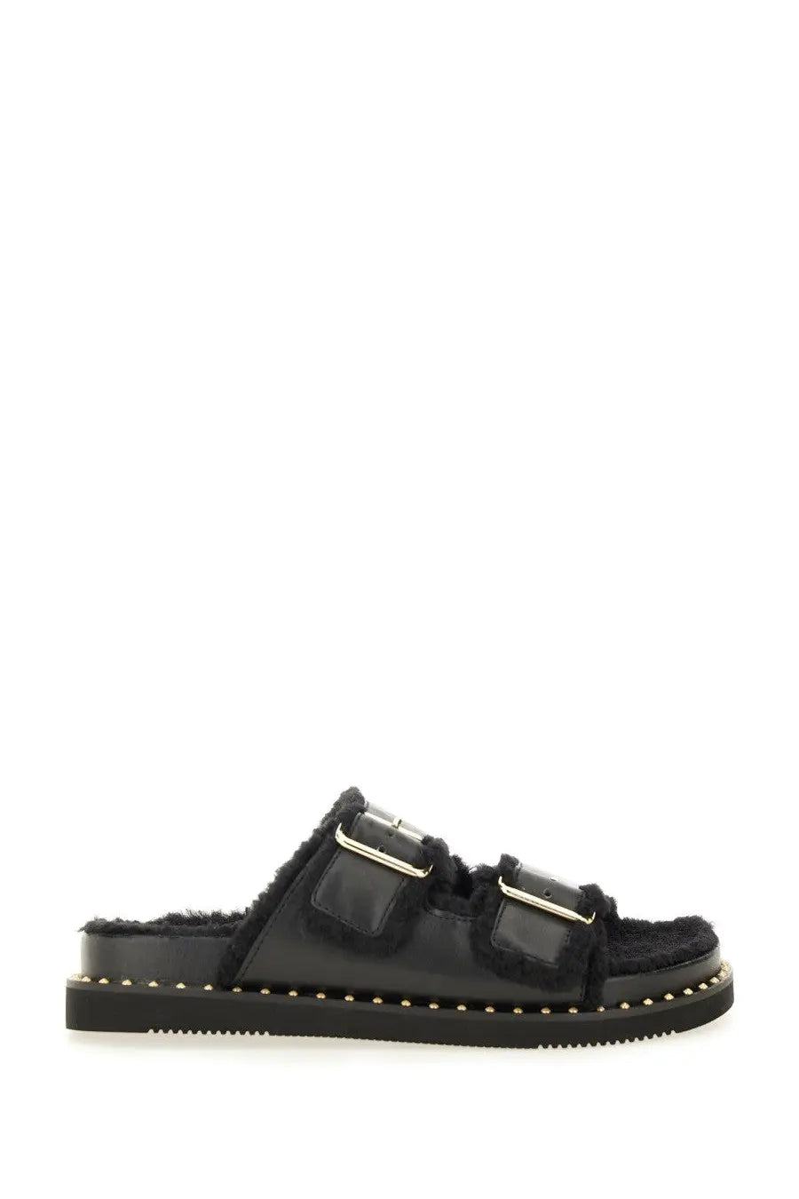Ash women’s sandal Utah Bis black slide sandal in black patent leather with two silver buckle straps and plush lining