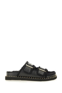 Ash women’s sandal Utah Bis black slide sandal in black patent leather with two silver buckle straps and plush lining
