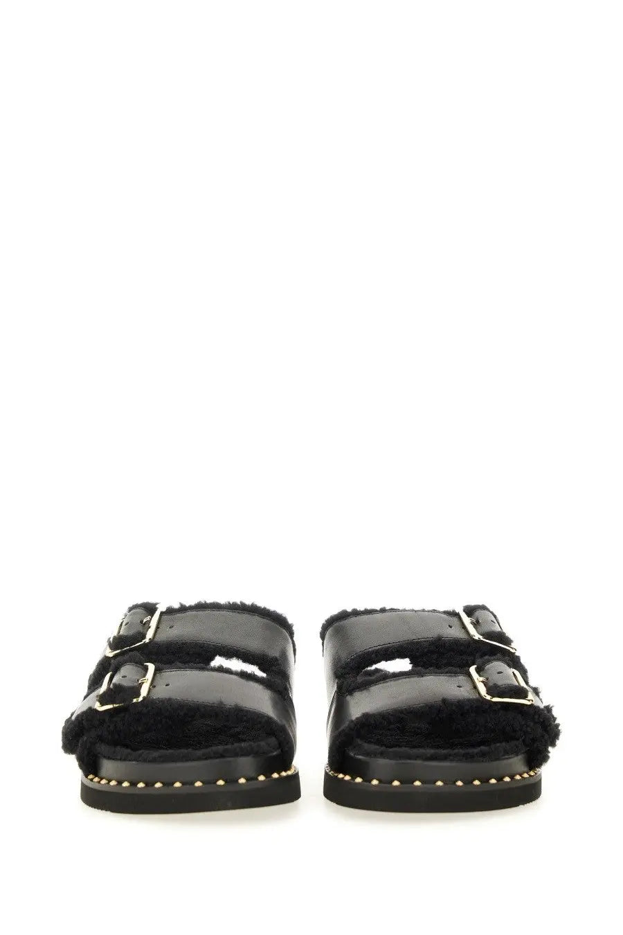 Ash women’s sandal utah bis black with black shearling-lined double straps glossy patent leather and gold-tone buckles