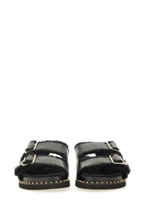 Ash women’s sandal utah bis black with black shearling-lined double straps glossy patent leather and gold-tone buckles