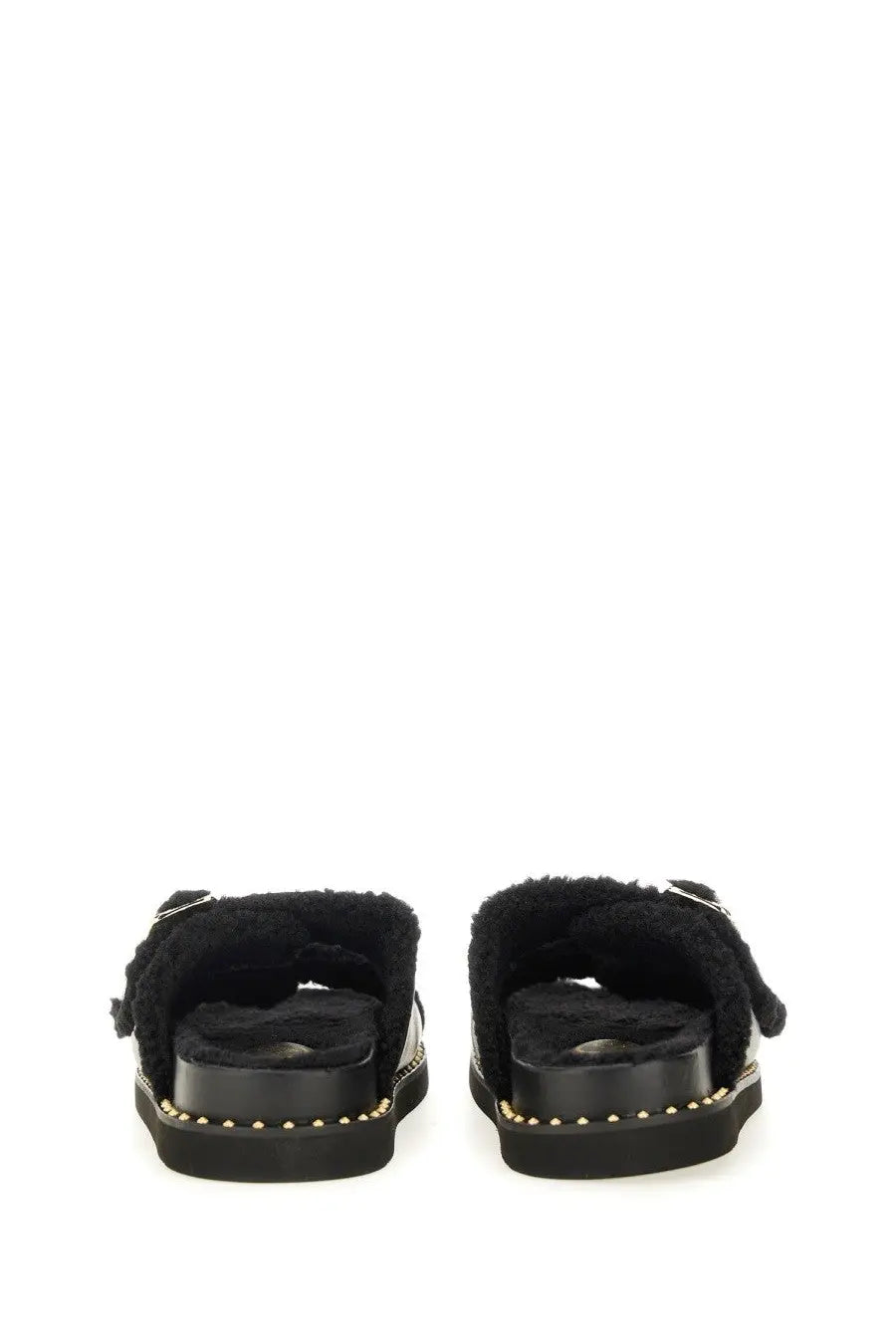 Ash women’s sandal Utah Bis black slide with black shearling lining glossy sole and gold-tone studs along the edge