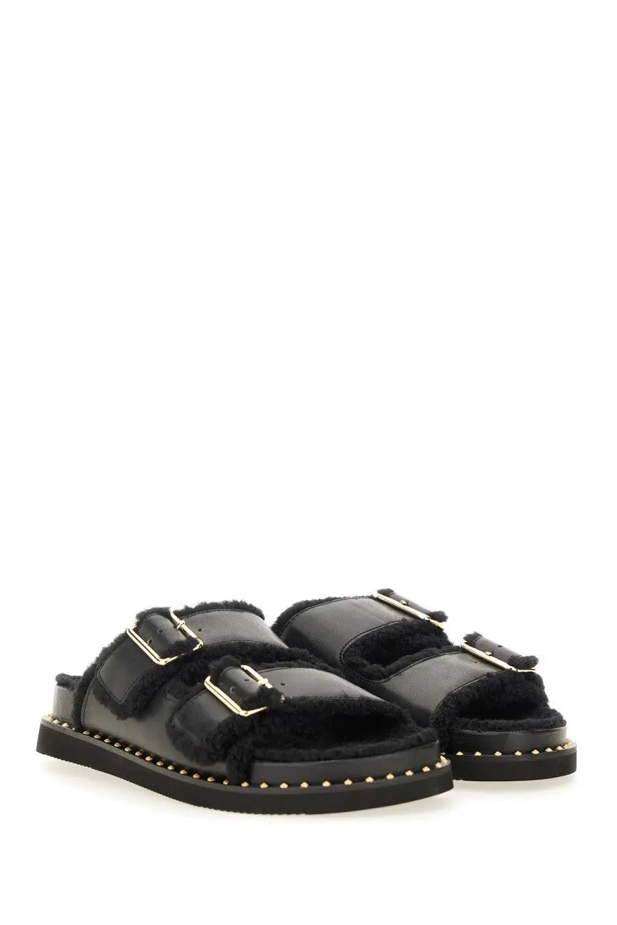 Ash women’s sandal Utah Bis black shearling-lined slide sandals with gold-tone buckles and studded soles