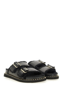 Ash women’s sandal Utah Bis black shearling-lined slide sandals with gold-tone buckles and studded soles