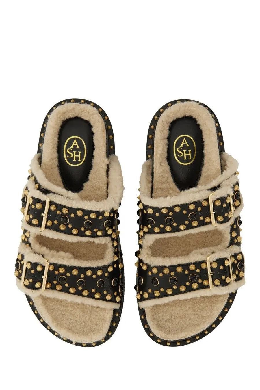 Ash women’s sandal Utah Bis black studded slide with beige shearling lining and gold-tone hardware detail