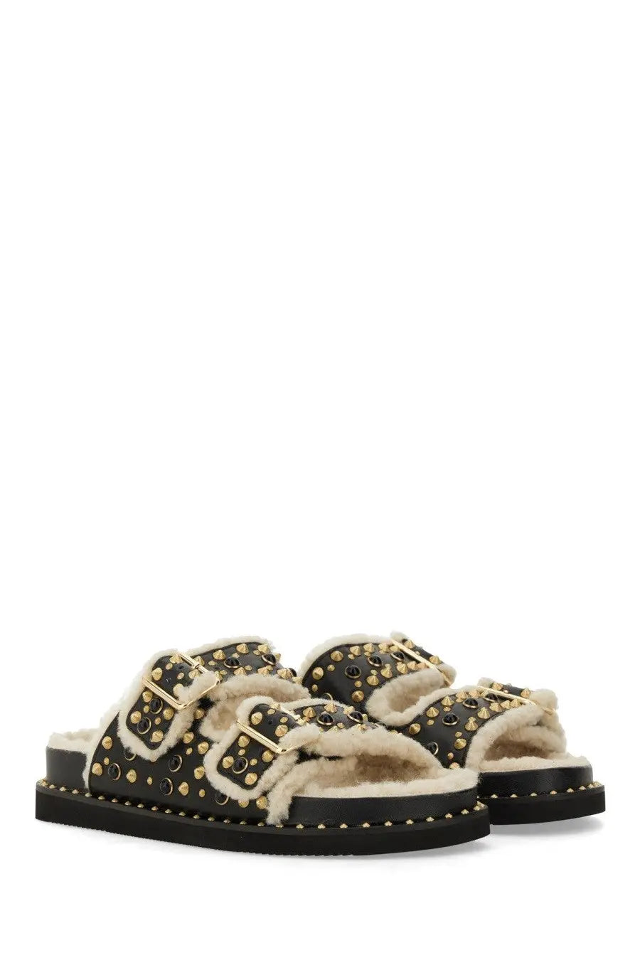 Ash women’s sandal utah bis black studded slide sandal with gold-tone buckles and plush shearling lining