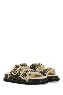 Ash women’s sandal utah bis black studded slide sandal with gold-tone buckles and plush shearling lining