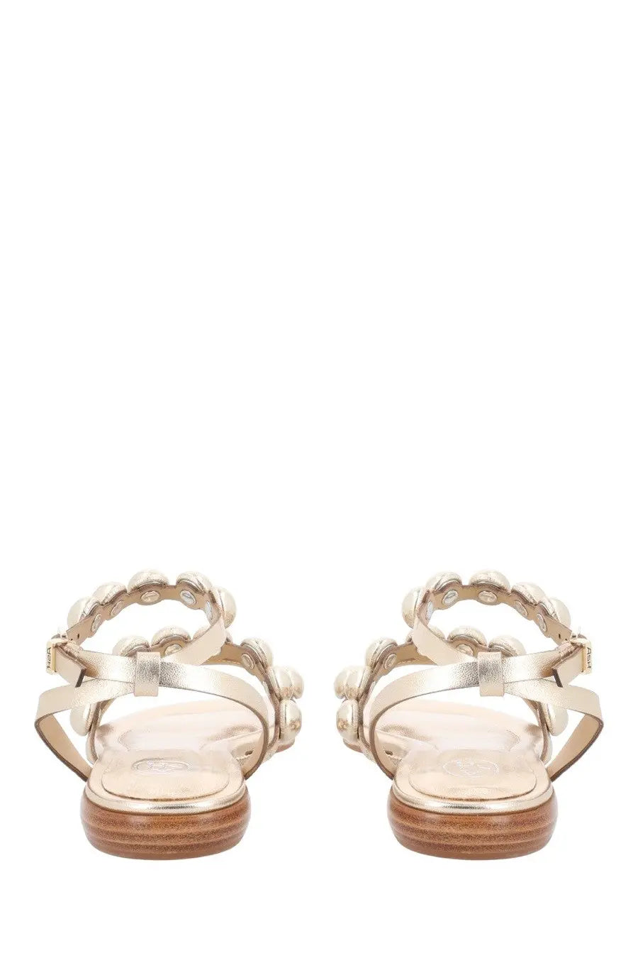 Ash women’s sandalo basso regy gold metallic gold sandals with pearl embellishments and flat wooden sole front view