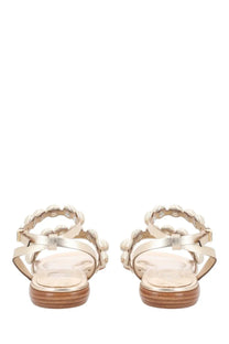 Ash women’s sandalo basso regy gold metallic gold sandals with pearl embellishments and flat wooden sole front view