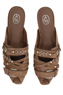 Ash women’s sandalo brigit beige brown suede mules with silver buckle straps and circular metal accents