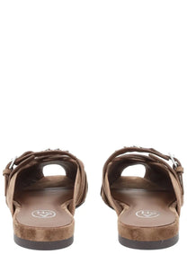 Ash women’s sandalo brigit beige brown suede slide sandals with multiple straps and silver toned buckles