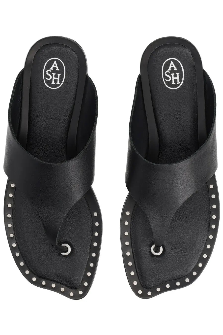 Ash women’s sandalo genius black leather thong sandals with silver studs and a circular metal toe detail