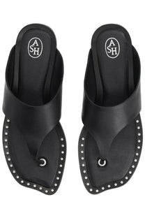 Ash women’s sandalo genius black leather thong sandals with silver studs and a circular metal toe detail