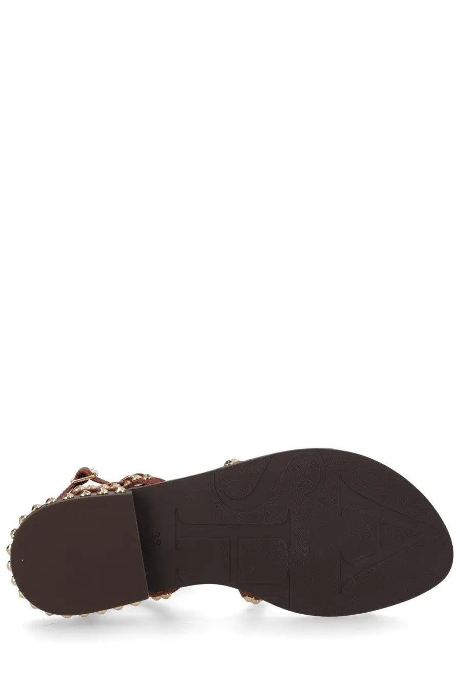 Brown leather ash women’s sandalo gladiator sandal with gold-tone studs along the strap and sole