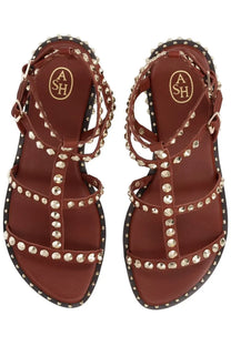 Ash women’s sandalo gladiator brown leather sandals with silver-toned studs black rubber sole and ash logo on the insole