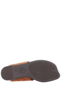 Back view of ash womens sandalo infradito genius brown tan suede slide sandal with dark rubber sole and ah logo on heel
