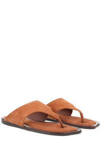 Ash women’s sandalo infradito genius brown tan suede thong sandals with flat dark brown sole front view