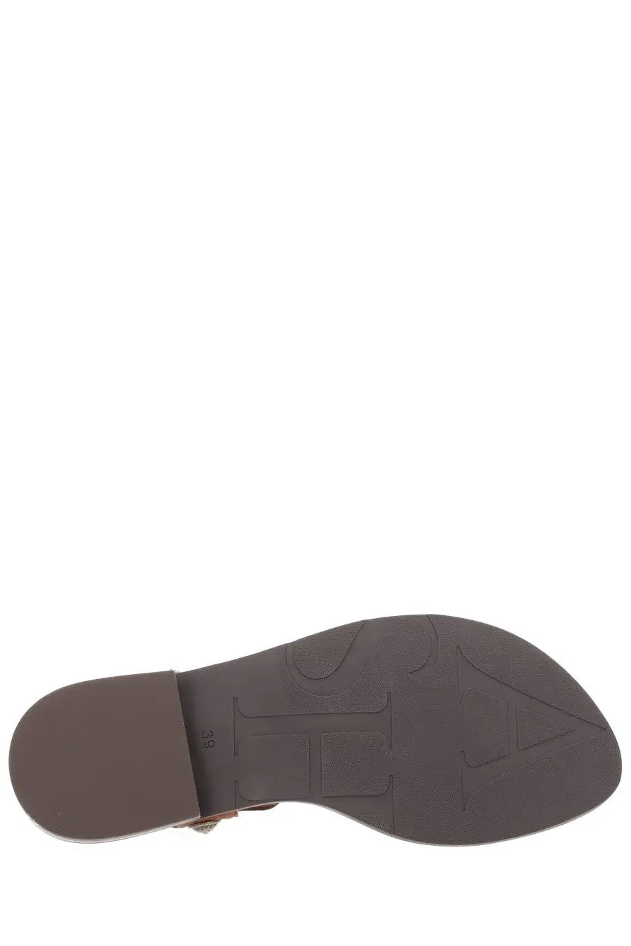 Back side of ash womens sandalo phanny brown sandal showing brown rubber sole with embossed logo and heel tab