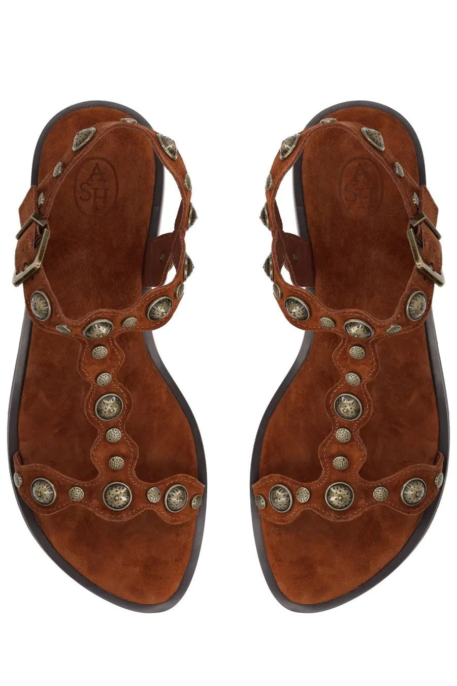 Ash women’s sandalo phanny brown brown suede sandals with silver toned circular studs along the straps