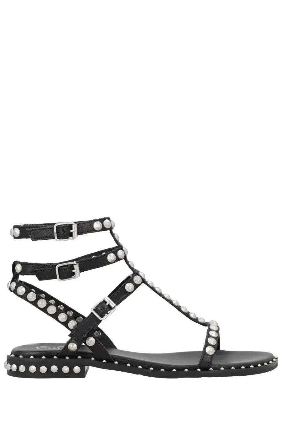 Ash women’s sandalo play black black leather sandal with silver studs and buckle straps for casual wear