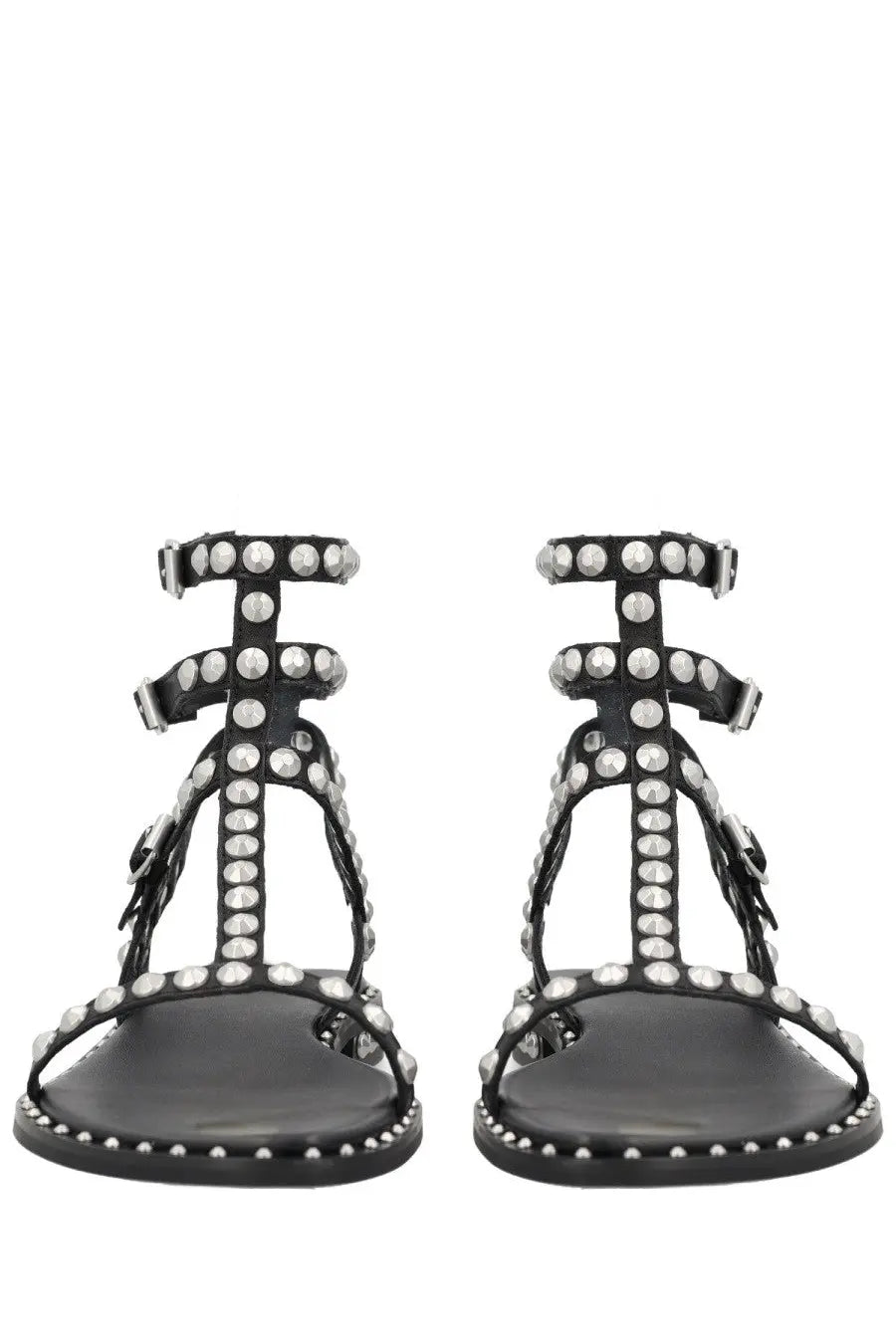 Ash women’s sandalo play black leather sandals with silver stud rows on straps and sole