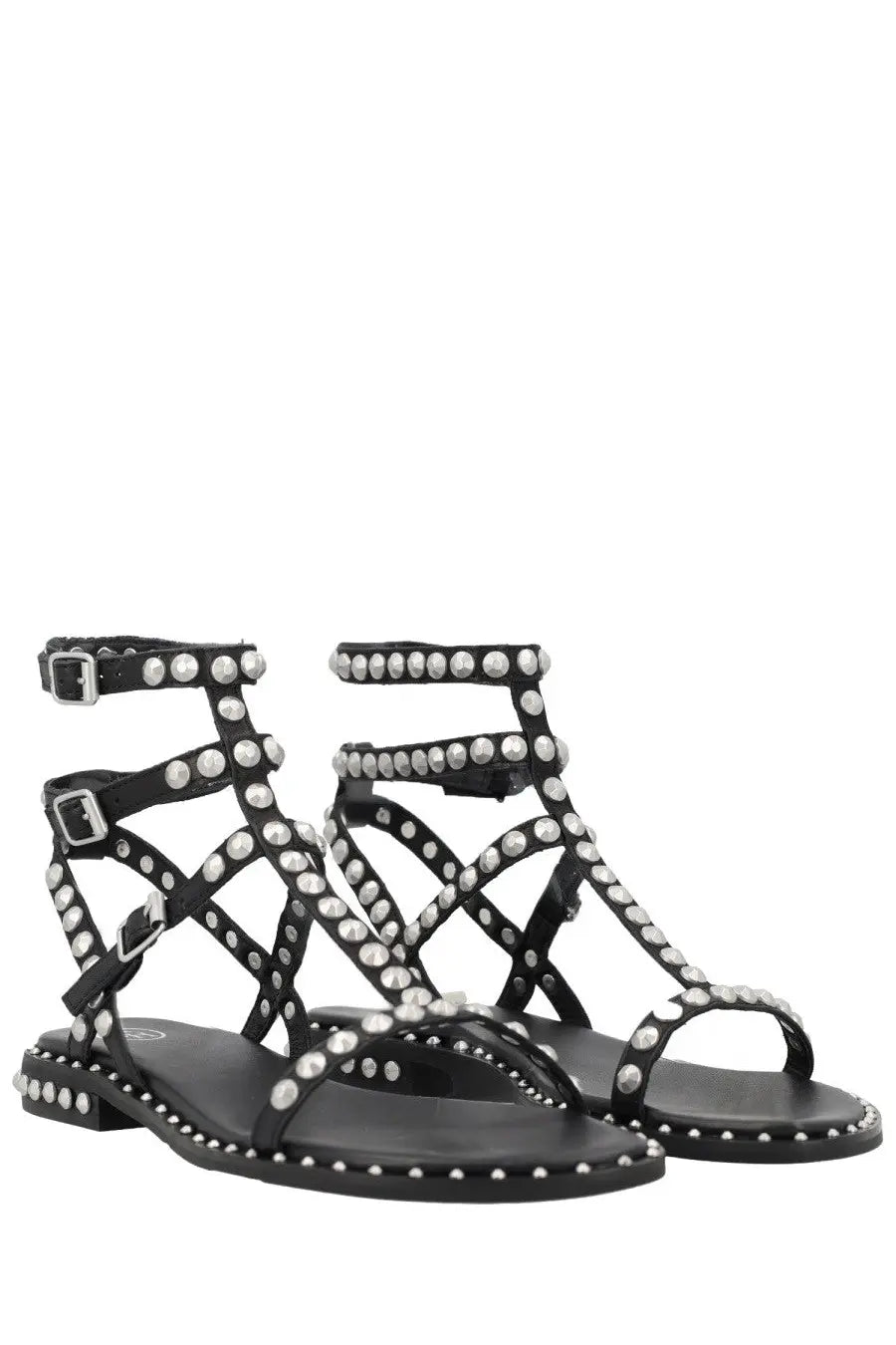 Ash women’s sandalo play black leather sandals with silver studs and buckle details