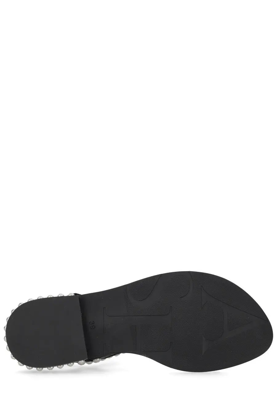 Black rubber sole with silver pearls edge on ash women’s sandalo play black sandal back side view