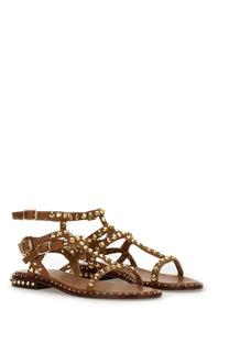 Ash women’s sandalo play brown leather sandals with gold tone studs and buckle details visible from the front