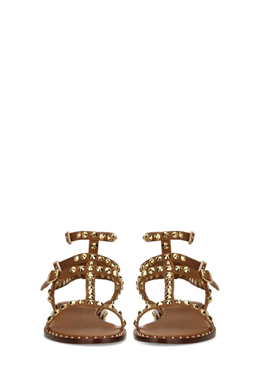Ash women’s sandalo play brown brown leather sandals with gold-tone studs and buckles front view