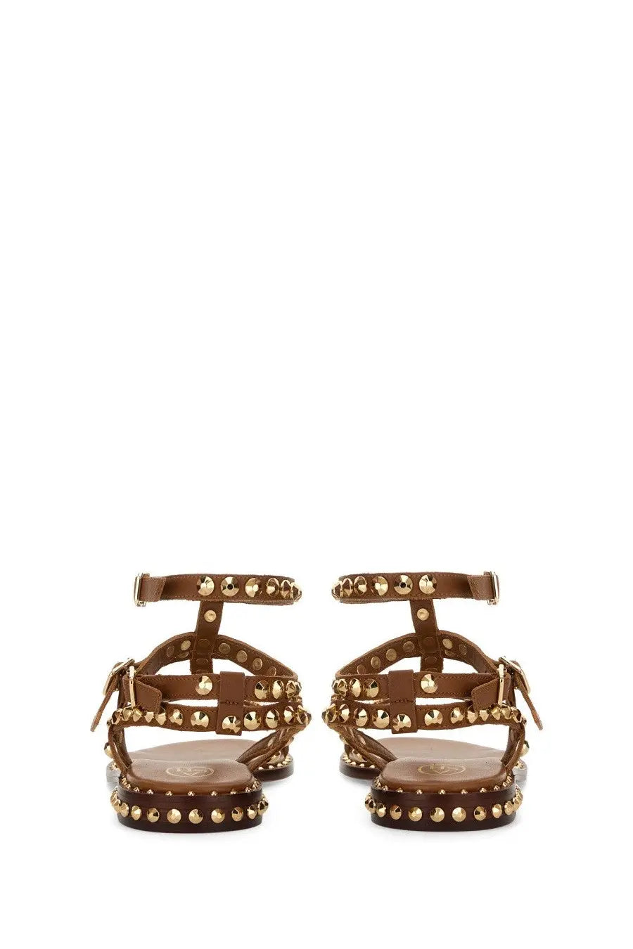 Brown leather sandals with gold-tone studs and flat platform sole from ash womens sandalo play brown collection