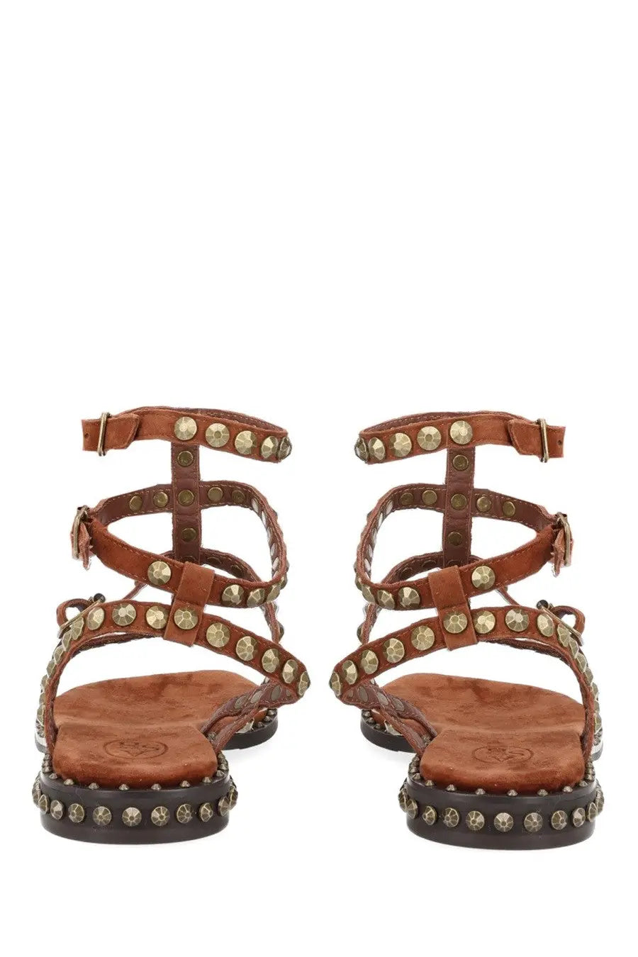 Ash women’s sandalo play brown leather sandals with gold toned studs and braided design