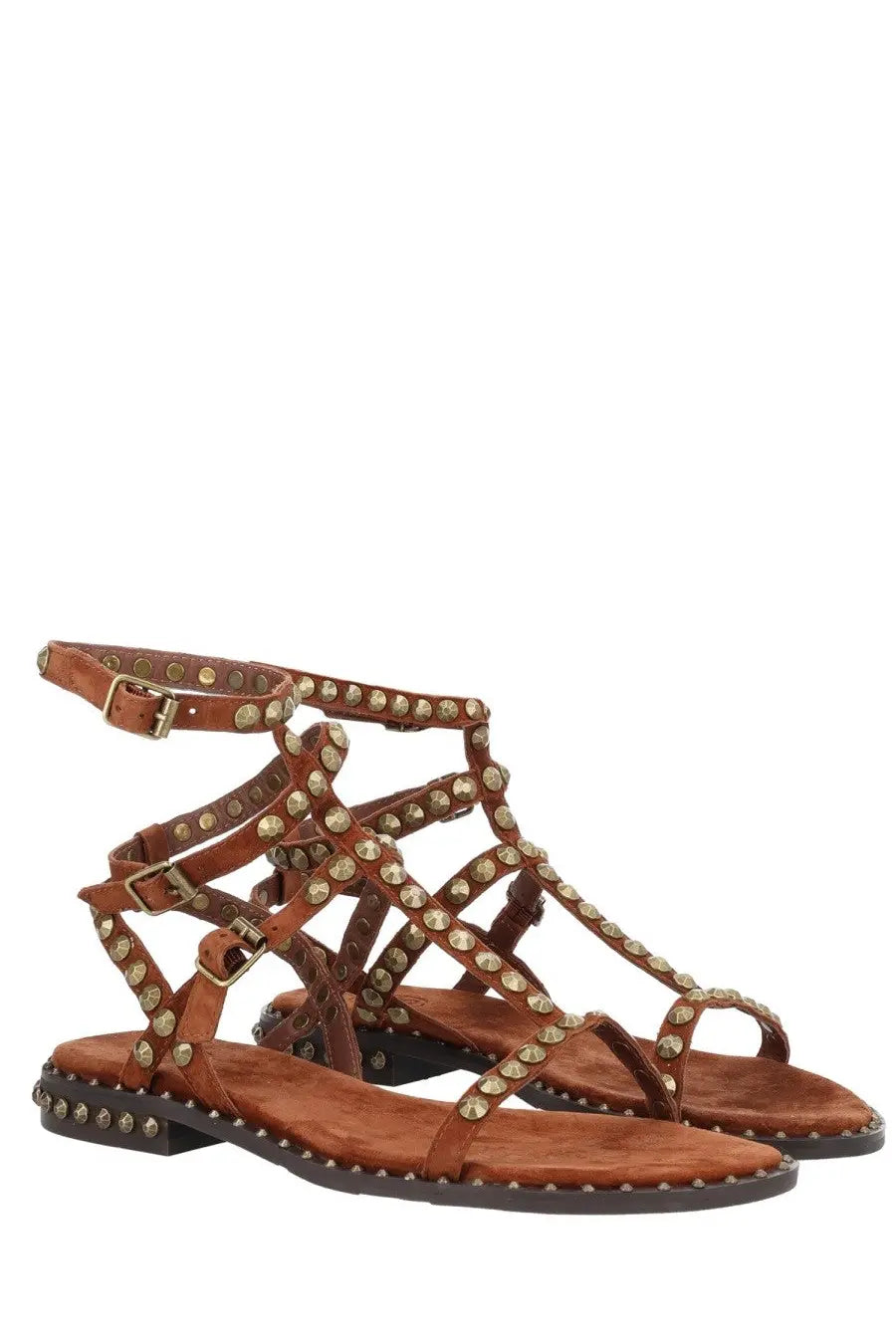 Ash women’s sandalo play brown brown leather sandals with gold-toned studs and buckle straps front view