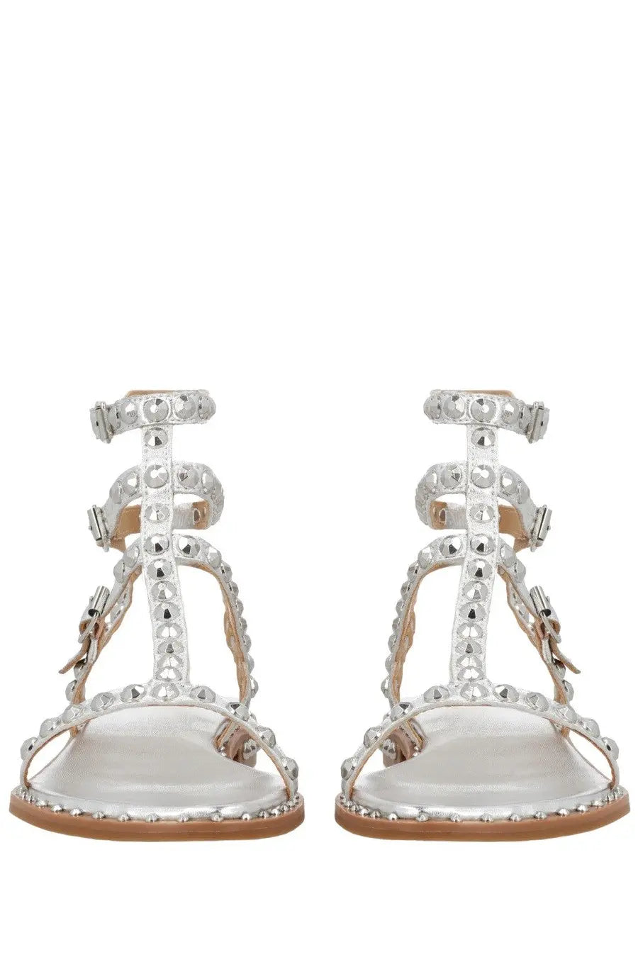 Ash women’s sandalo play silver studded t-strap sandals with glossy finish and tan leather accents